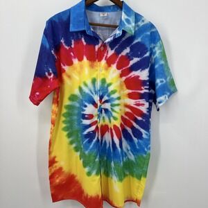 Tie Dye Short Sleeve Button Down Collared Rainbow Pride Shirt Men's Size L
